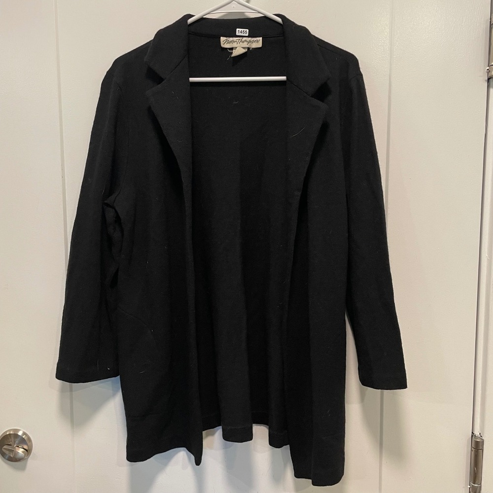 Norm Thompson Womens Black 100% Wool Crepe Open Front Blazer Jacket L 5608 USA